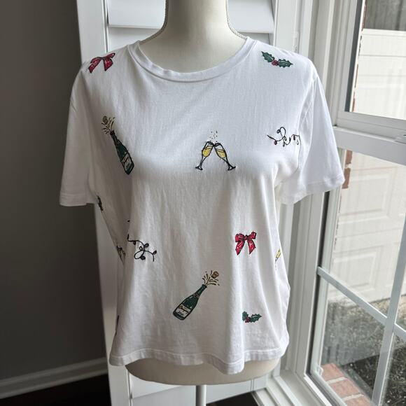 J. CREW Embroidered Party Tee Womens Small White Embellished Cheers Holiday Boxy - Picture 3 of 14